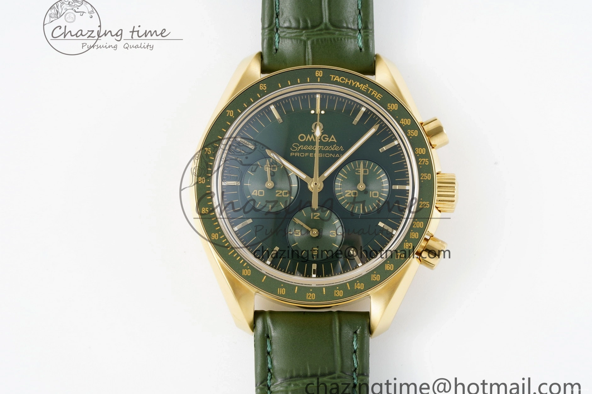 0205 Speedmaster Moonwatch in Moonshine Gold YG RMF Best Edition Green Dial on Green Leather Strap Manual Chrono EasyCare 7832